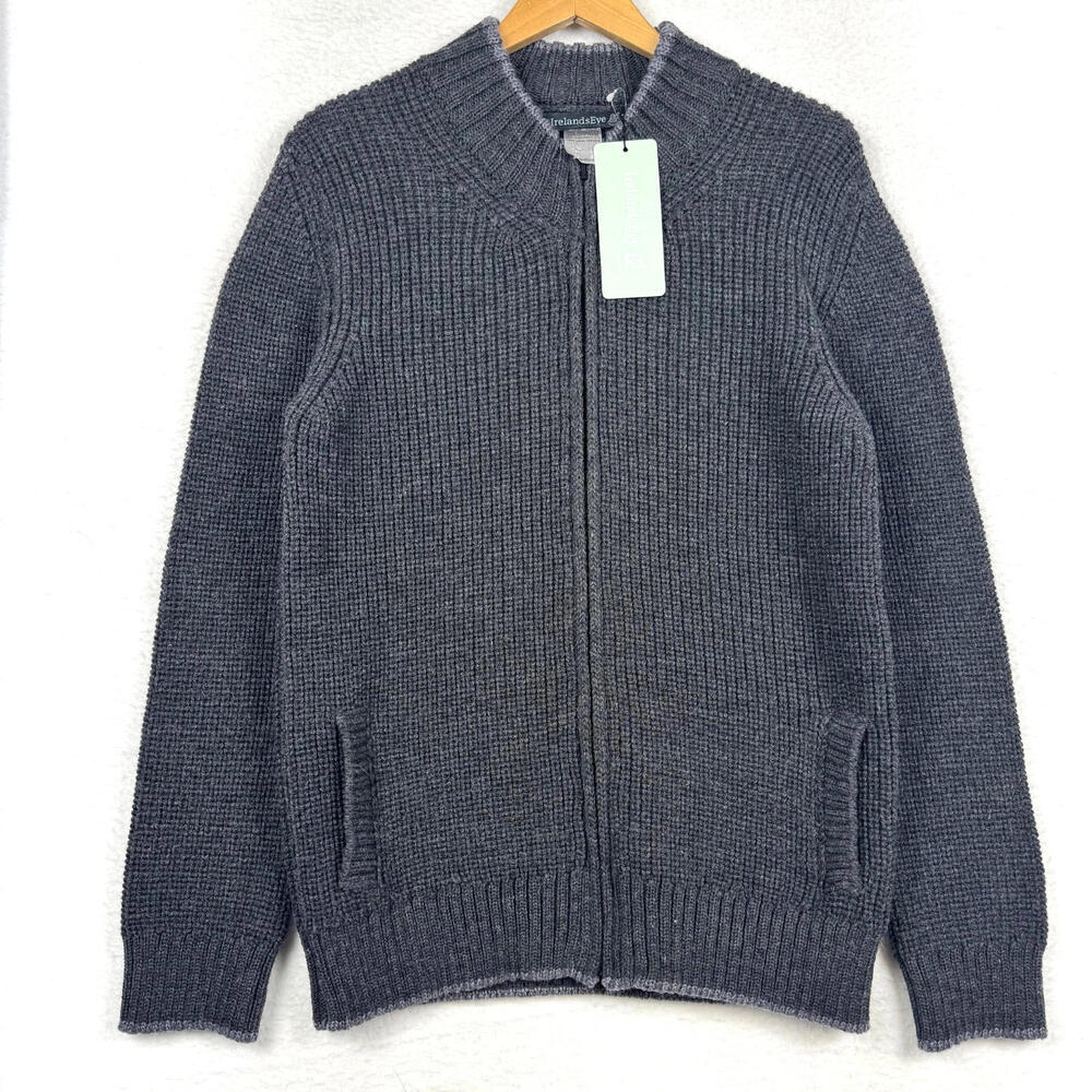 NEW IrelandsEye Mens Large Gray Full Zip Wool Knit Sweater Made in Ireland